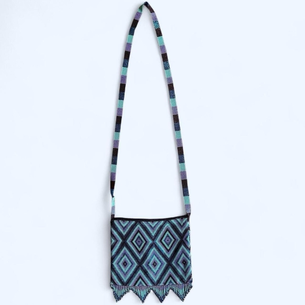 Women's Handmade Geometric Fringe Crossbody Bag Beaded Accents Zip Closure Lined